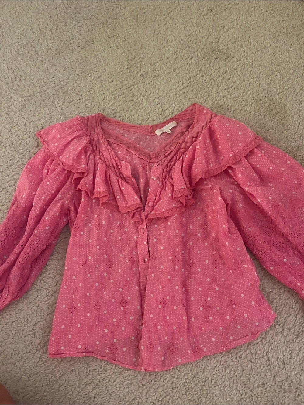 LoveShackFancy Hot Pink Polka Dot Lace Top